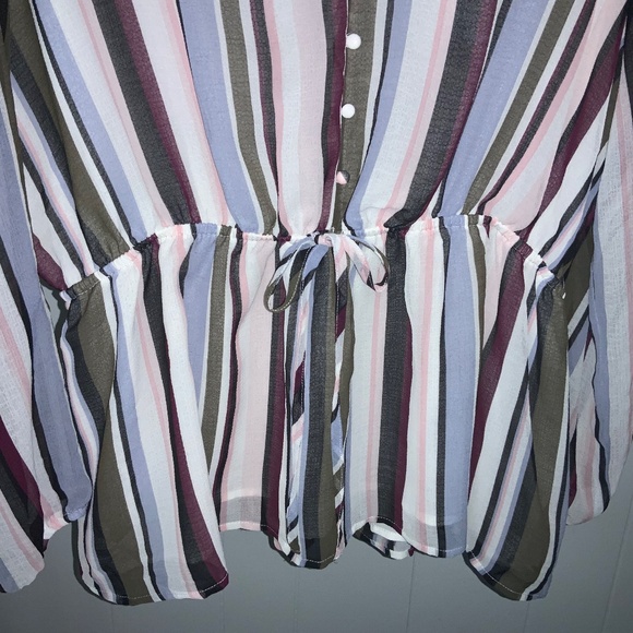 Lane Bryant striped chiffon Cinched Waist Blouse Size 16 V neck covered buttons - Picture 3 of 8